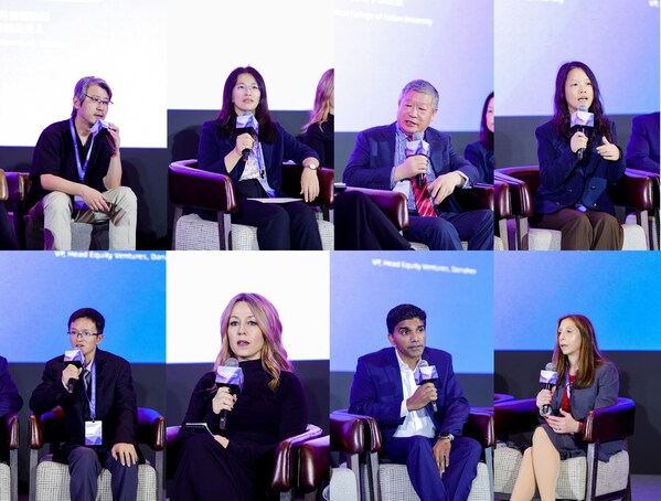 “科技成果加速轉(zhuǎn)化的新引擎”主題圓桌上，復(fù)旦大學(xué)生物醫(yī)學(xué)研究院科研副院長藍(lán)斐，首都醫(yī)科大學(xué)藥學(xué)院副院長、藥理學(xué)系主任吳建輝，復(fù)旦大學(xué)特聘教授唐惠儒，廈門大學(xué)教授林樹海，復(fù)旦大學(xué)上海醫(yī)學(xué)院教授任士芳，丹納赫科技副總裁、科技創(chuàng)新負(fù)責(zé)人Vanessa Almendro Navarro，丹納赫股權(quán)投資負(fù)責(zé)人Murali Venkatesan，丹納赫生物技術(shù)平臺(tái)創(chuàng)新合作副總裁Amy Achter共同探討。