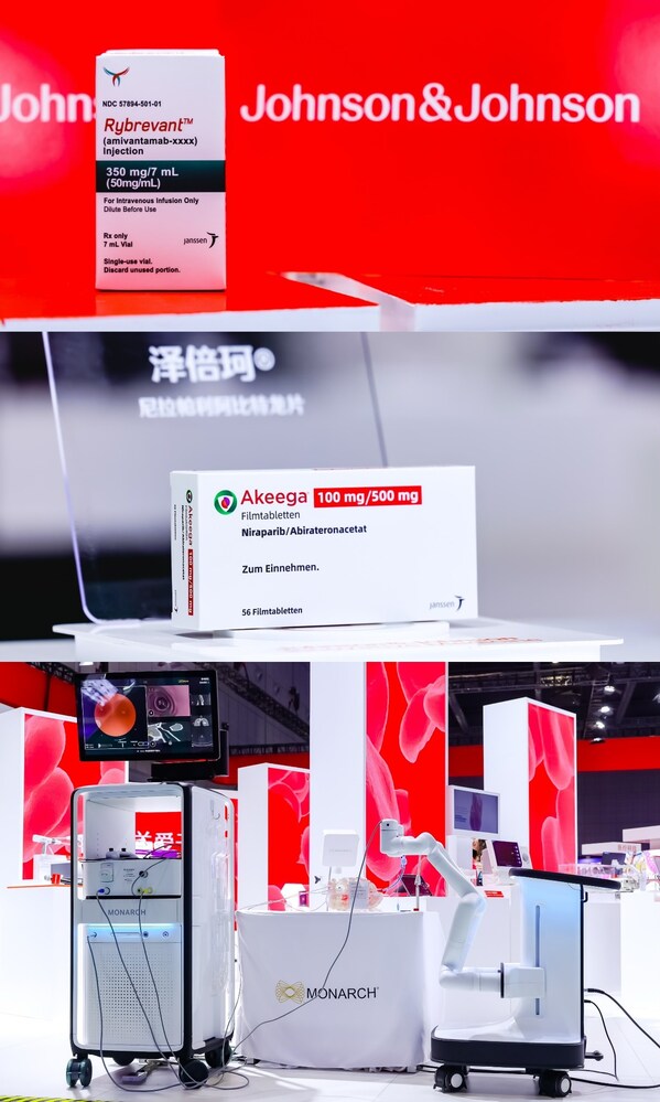 上起：強(qiáng)生創(chuàng)新制藥展出治療非小細(xì)胞肺癌EGFR突變的創(chuàng)新藥物Rybrevant&reg; ；中國(guó)首個(gè)且目前唯一治療BRCA突變轉(zhuǎn)移性去勢(shì)抵抗性前列腺癌的復(fù)方制劑澤倍珂&reg;；強(qiáng)生醫(yī)療科技全球首臺(tái)經(jīng)支氣管診療肺癌的數(shù)字化手術(shù)機(jī)器人MONARCH&reg;