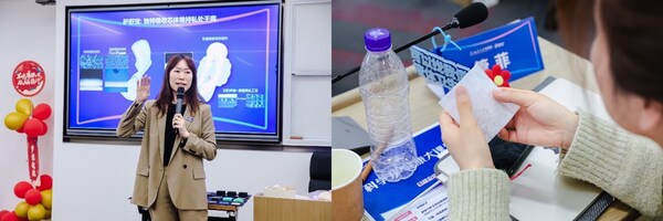 左圖：護(hù)舒寶研發(fā)總監(jiān)馮曉婕分享護(hù)舒寶研發(fā)理念 右圖：現(xiàn)場(chǎng)互動(dòng)體驗(yàn)環(huán)節(jié)