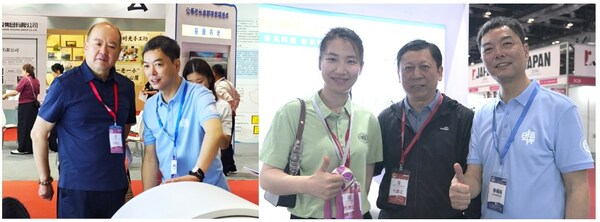 上海市養(yǎng)老服務(wù)和老齡產(chǎn)業(yè)協(xié)會(huì)李勇會(huì)長(zhǎng)（左圖左）、江蘇省老齡產(chǎn)業(yè)協(xié)會(huì)張建平會(huì)長(zhǎng)（右圖中）現(xiàn)場(chǎng)與劉瑜互動(dòng)交流第三代小分子團(tuán)水離子浴療儀